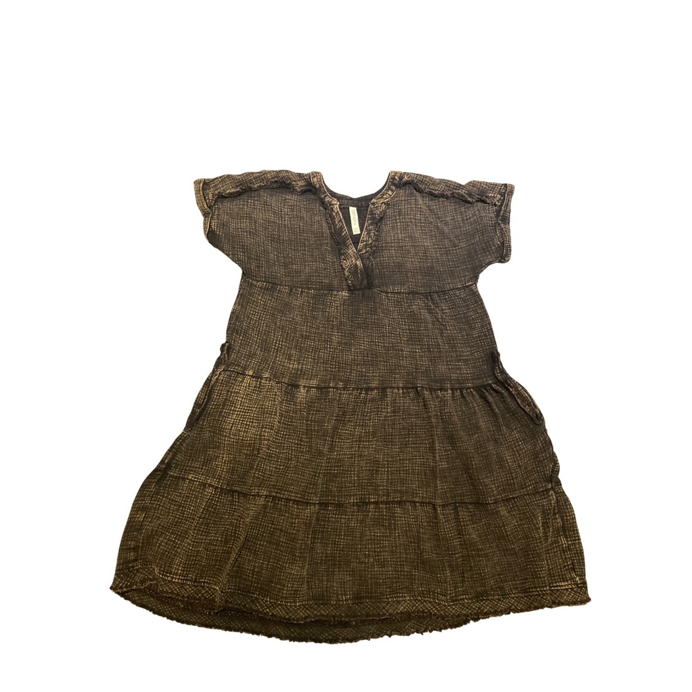 ZENANA Tiered Gauze Dress Women's Sz S/M‎ Faded Black Short Sleeve V Neck Casual